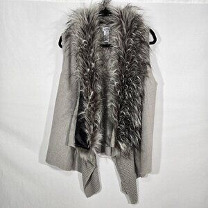 Vintage GRAY Metallic Faux Fur Collar Asymmetrical Hem Open Knit Cardigan Size M